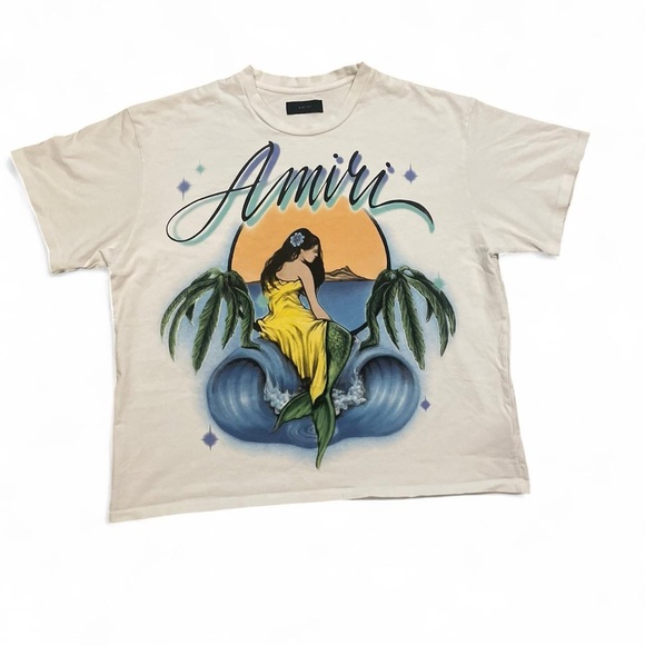 AMIRI Designer Airbush Mermaid White T-Shirt with Gradient Logo - Picture 1 of 4